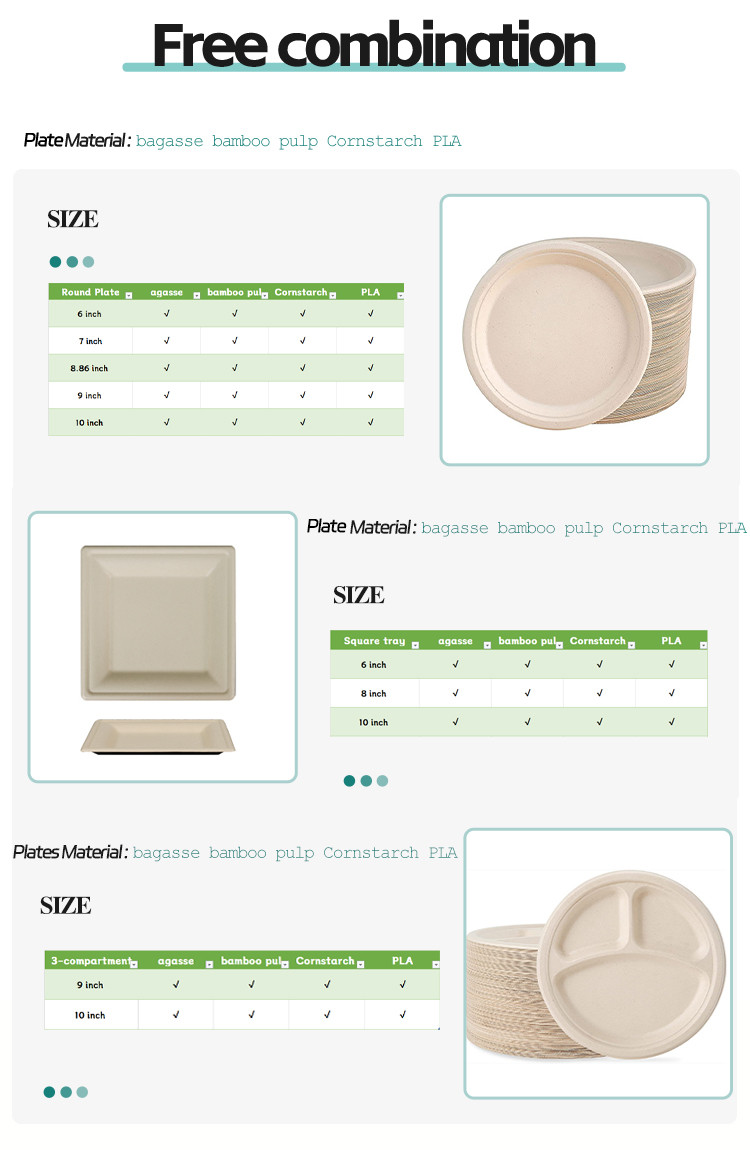 100% biodegradable Paper Tableware Sugarcane Bagasse Disposable Plates Sets Dinnerware