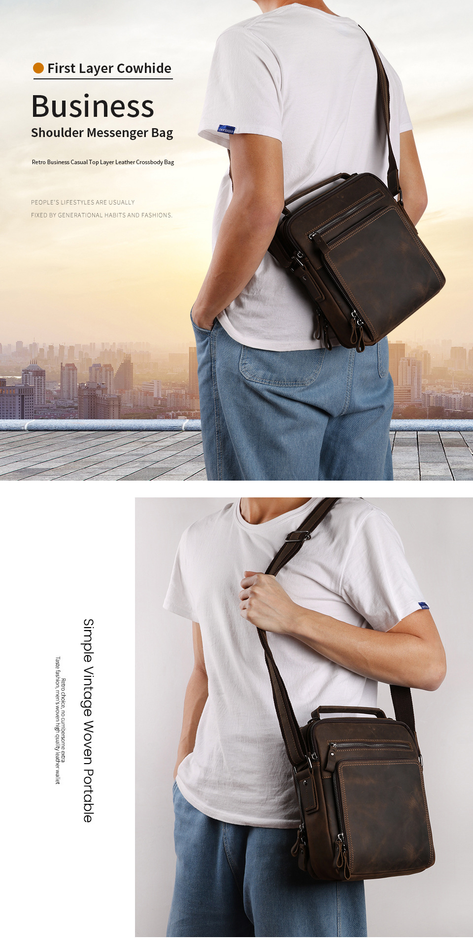 9.7 Inch Genuine Leather Men's Shoulder Messenger Bag with Multiple Pockets and No Decoration