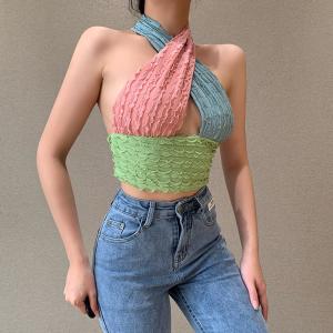 China High Stretchy Waistless V Neck Halter Vest Crop Top wholesale