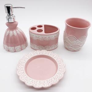 China Pink Lace Dress Ceramic Bathroom Set / Soap Lotion Dispenser Set Dish Brush Holder wholesale