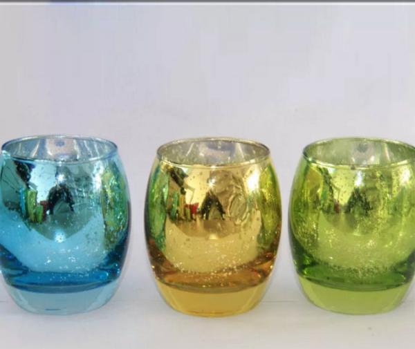 Quality Egg Shape Glass Candle Cups Colored Blue Machine Pressed Custom Size For Wine for sale