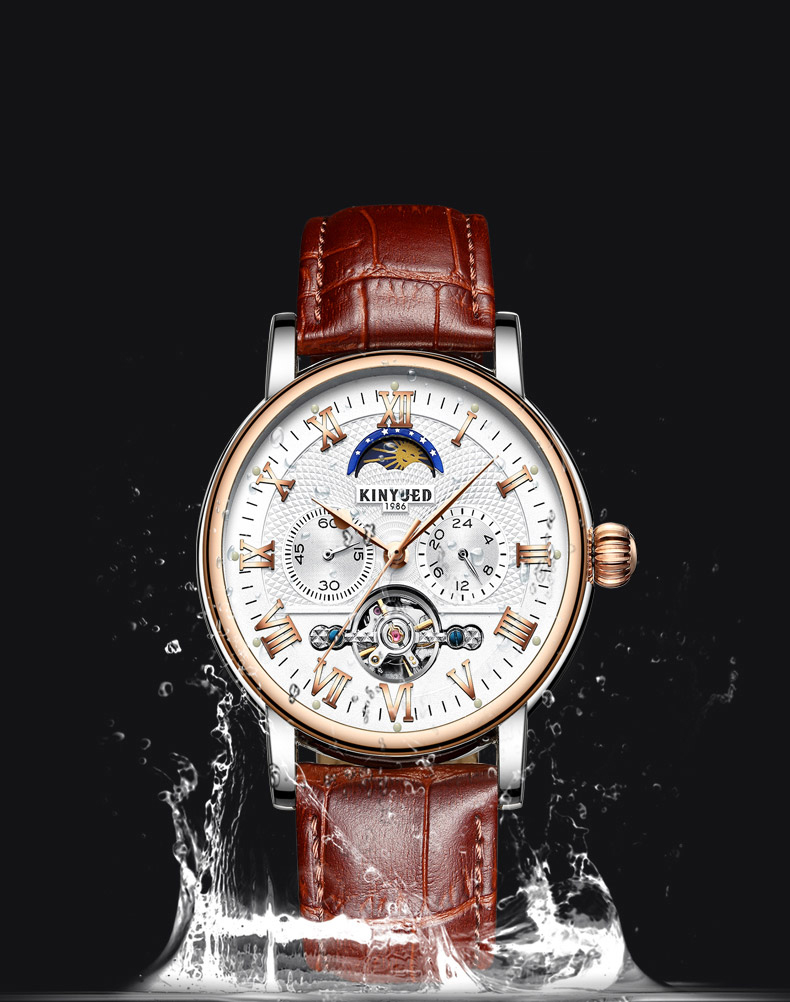 Luxury Brand KINYUED Watches Tourbillon Automatic Movement With Moon Phase Mens Automatic Mechanical Watch