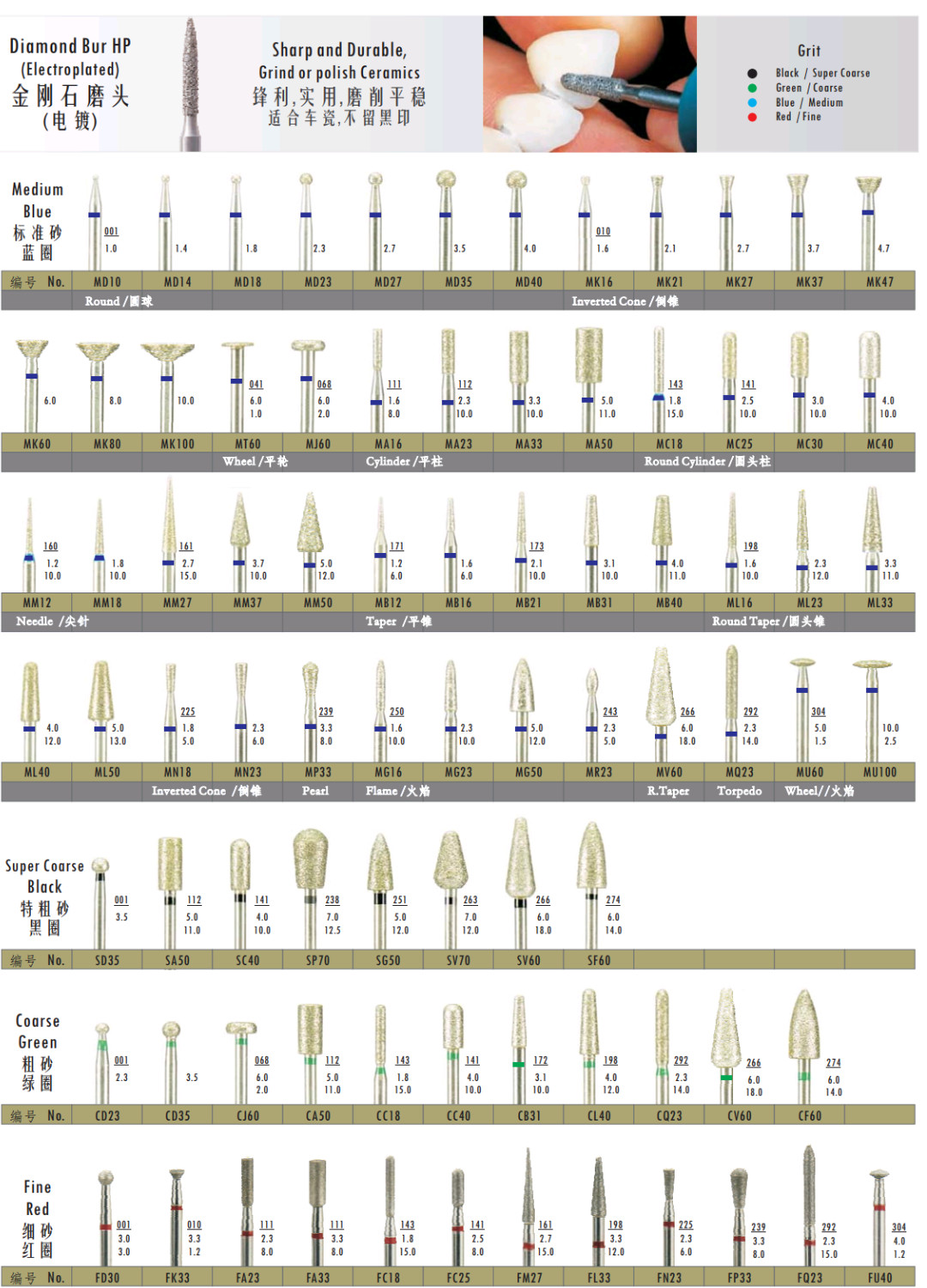 HP Diamond Bur Electroplated Type For Dental Lab Ceramic Grinding / Polishing