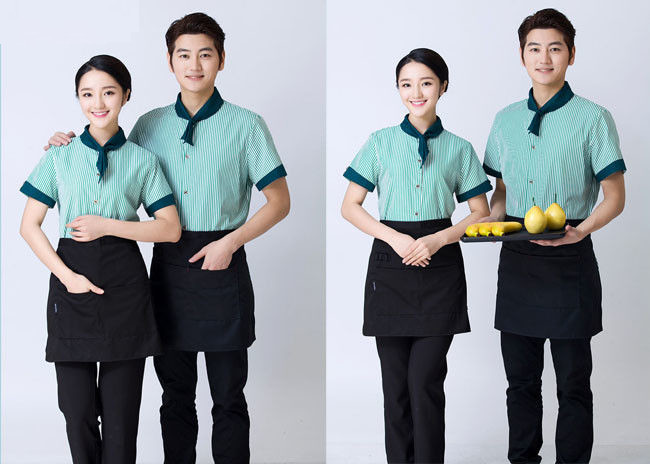 Embroidered Unique Restaurant Uniforms With Single Row Transparent Resin Buttons
