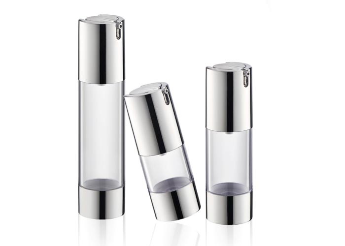 Matte Silver Acrylic Cosmetic Airless Bottle , 1oz 3oz Gold Lotion Pump Spray Bottle