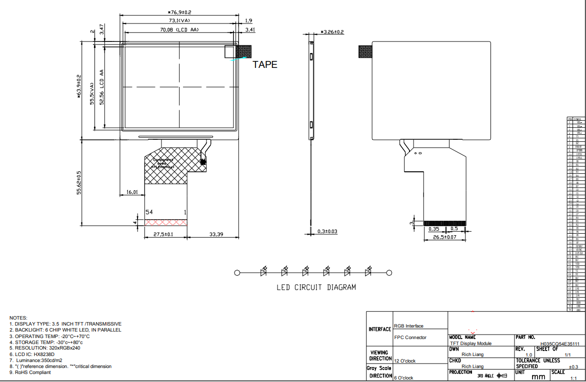 320×240 3.5'' Customized LCD Panel HX8238D CT Without TSP Standard TFT LCD Display