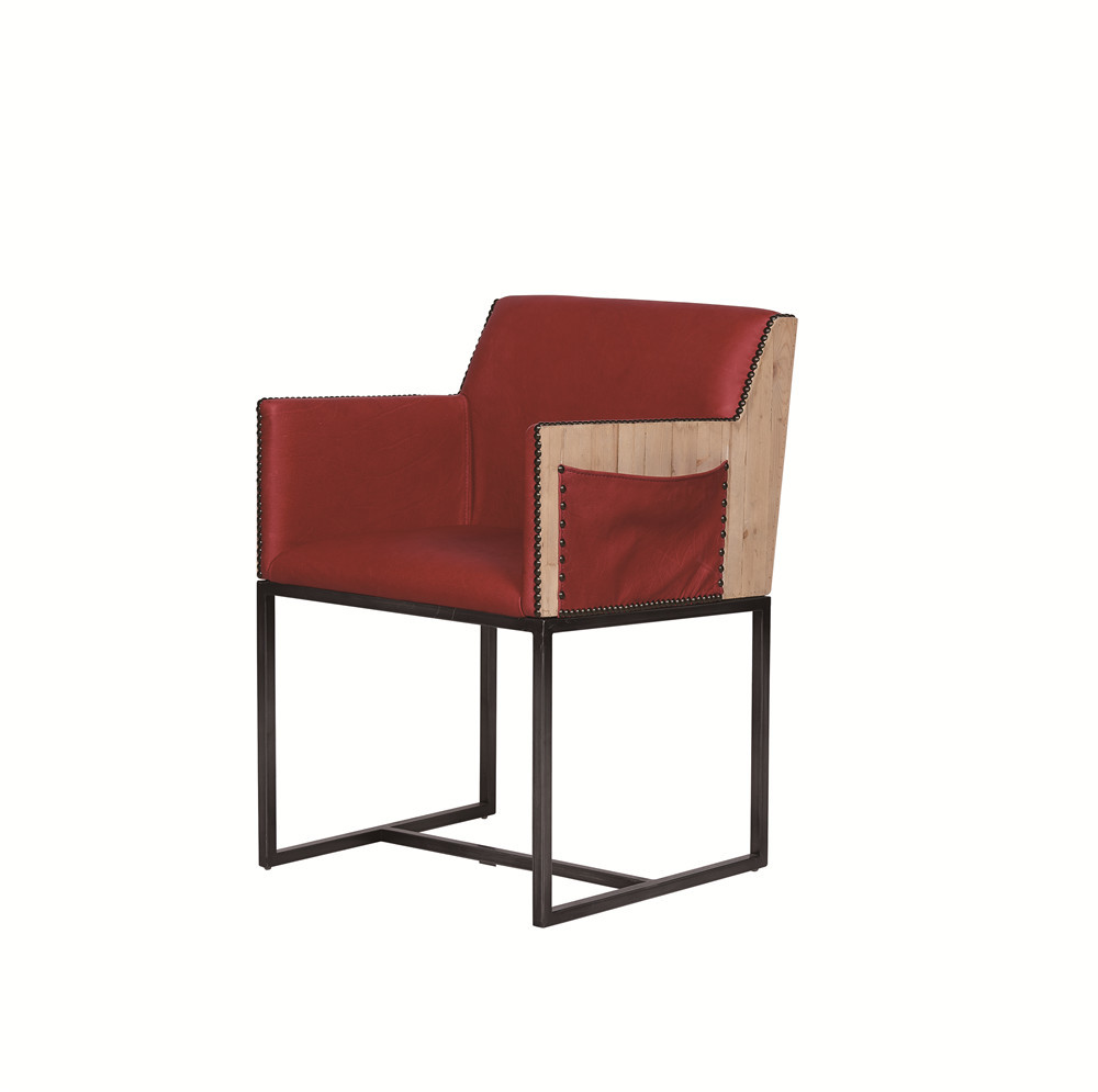 Industrial Wood Back Leather Leisure Chair Old Finish Iron Legs Real Leather Cushion
