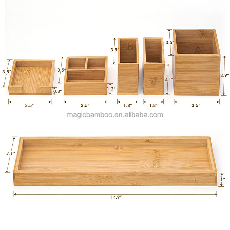 Efficiently Organize Your Bathroom with 6-Piece Bamboo Vanity Tray Set 38x10.5x10.1cm