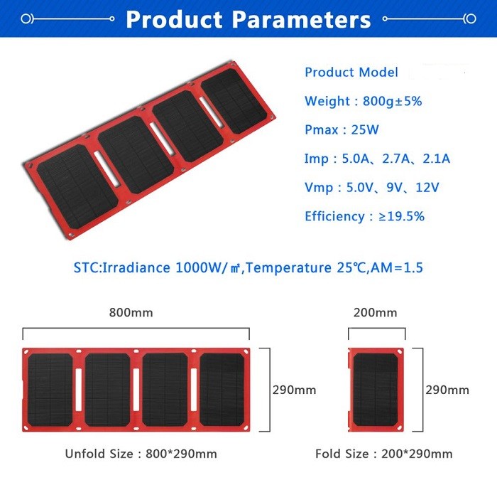 Easy Carry Solar Charger Bag 4 Fold Red Mobile Photovoltaic Charging Device