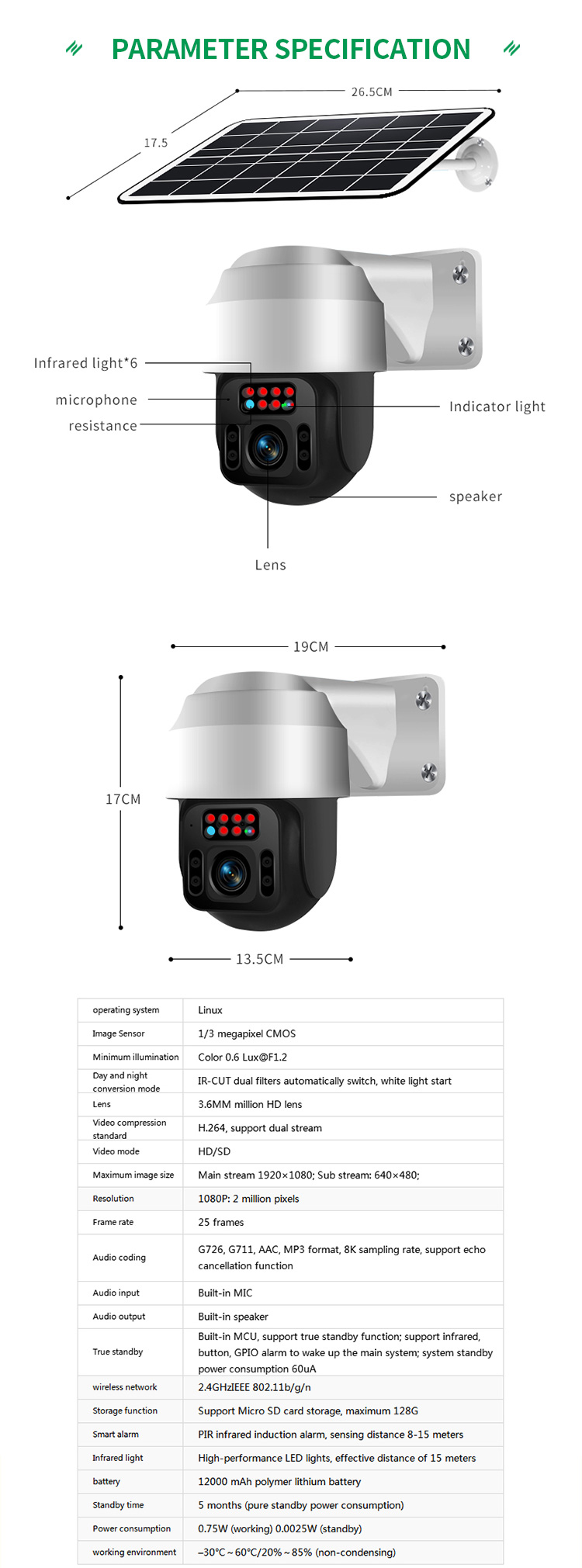 HD 1080P Camera Security Outdoor PTZ Surveillance Camera Full Color Night Vision Motion Detection Wifi Solar Camera