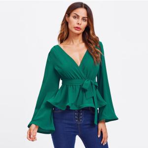 China Bell Sleeve Wrap Blouse with Deep V Neck wholesale