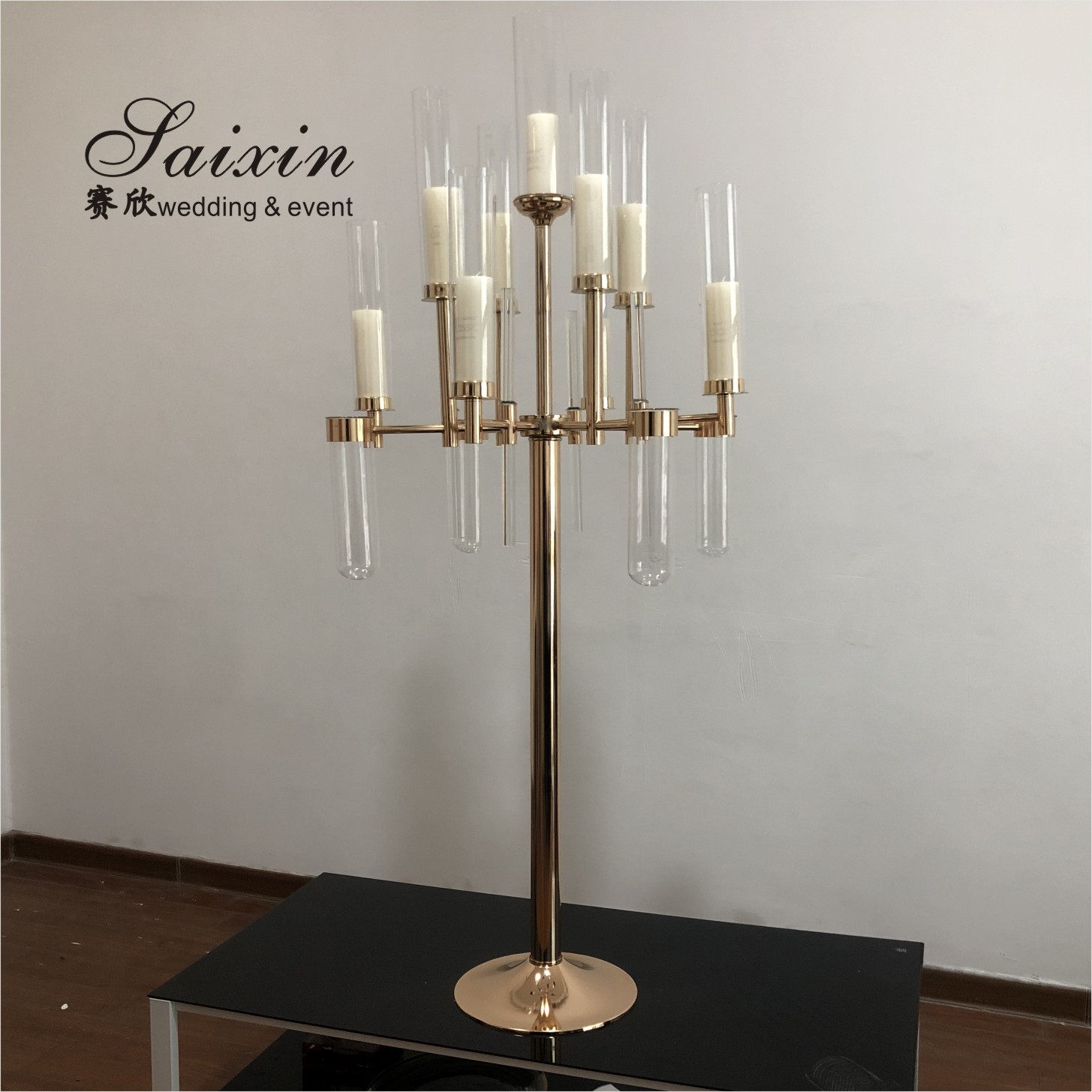 10 Arms Plated Gold Candelabra Candle Holder Standing Chandelier 1m Base 180cm