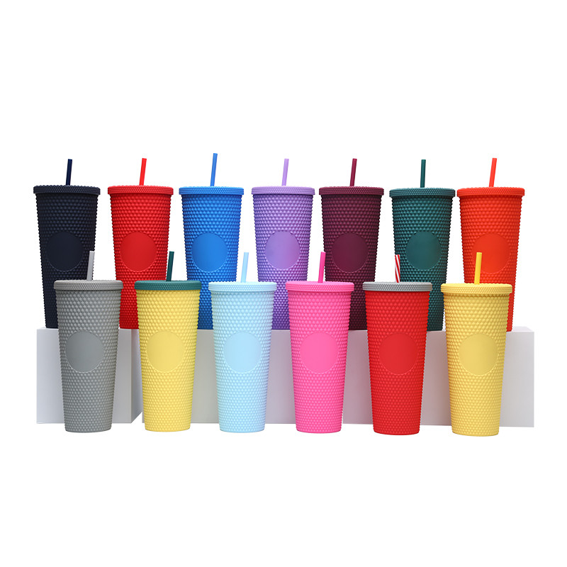 Double Wall Insulation 24oz Studded Tumbler Diamond Durian Pineapple Plastic Matte Black Studded Cup Coffee Tumbler With Lid Straw Fashionable
