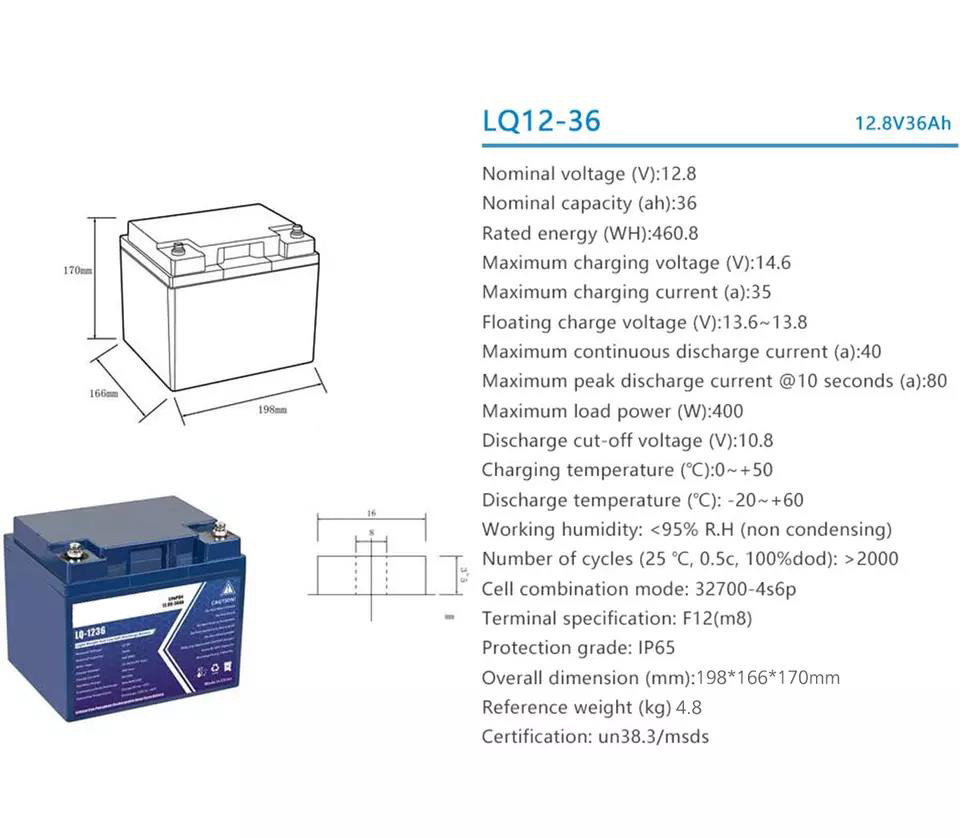 BMS 166mm Solar Lithium Ion Battery Lifepo4 12v 36ah Excellent Discharge Capacity