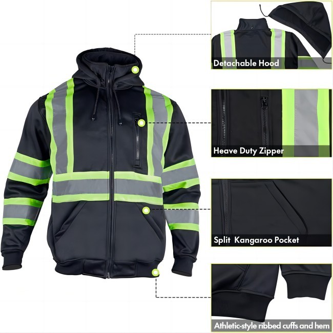 100% Polyester Safety Reflective Jacket Winter Reflective Workwear With Hoodies ANSI