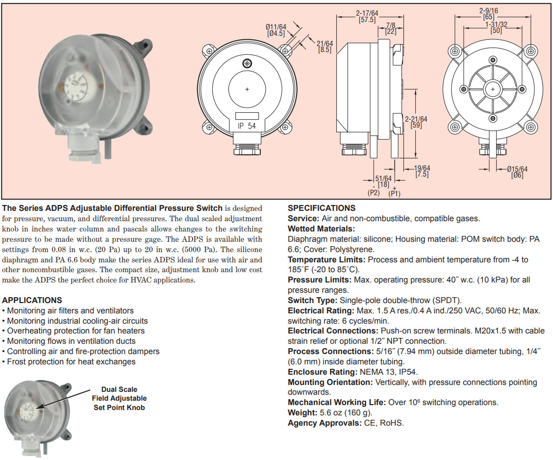Dwyer Series ADPS Adjustable Differential Pressure Switch ADPS-03-2-N