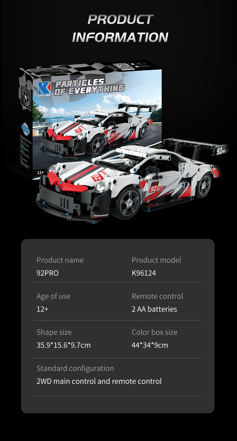 LEGO Compatible Electric Sports Car Building Block Toy 30m Remote Distance for Ages 14 Up