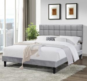 China Grey Upholstered Twin Bed Frame Tufted Fabric Buttons With Squared Lines wholesale