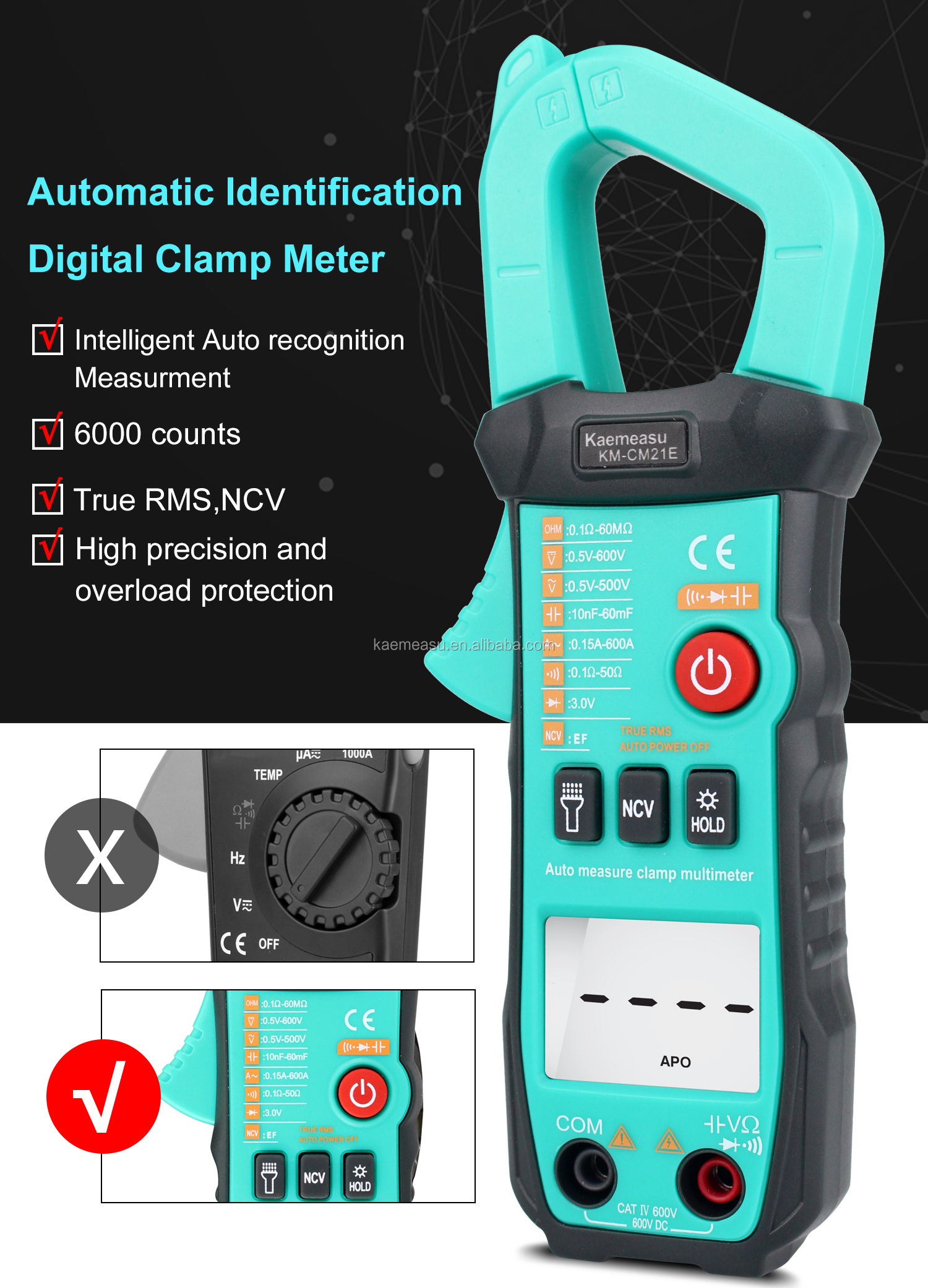 21E Intelligent Digital Clamp Meter NCV Electronic Repair Tool 1000v True Rms Multimeter 6000 Counts Current Clamp Meter