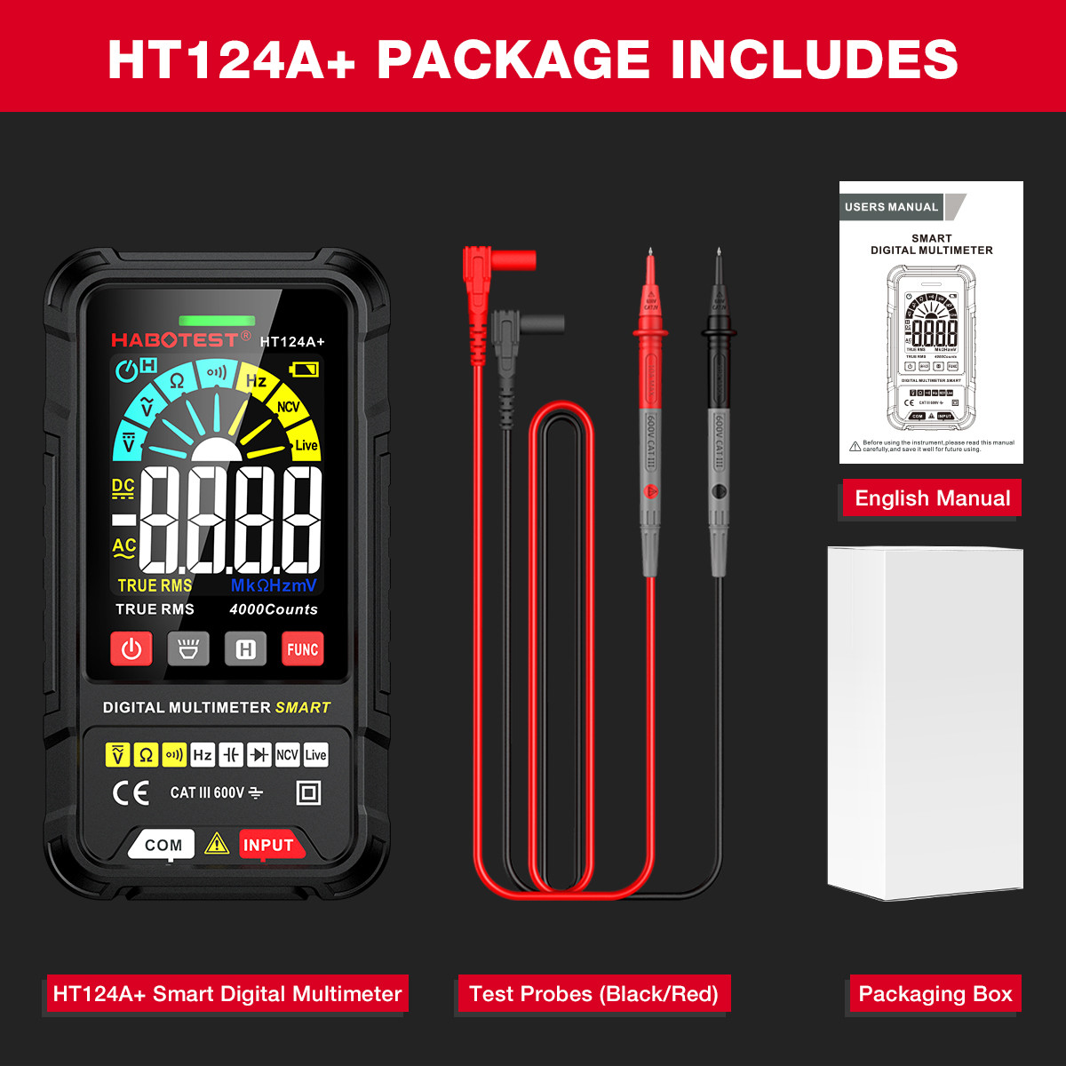 HT124 Digital Multimeter 4000 Counts Auto Range Voltage Tester Ohm Hz Capacitance True RMS AC DC DMM Multitester