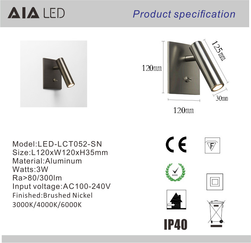 Simple recessed mounted knob switch 3W led wall lamp bed wall reading light for bedroom decoration
