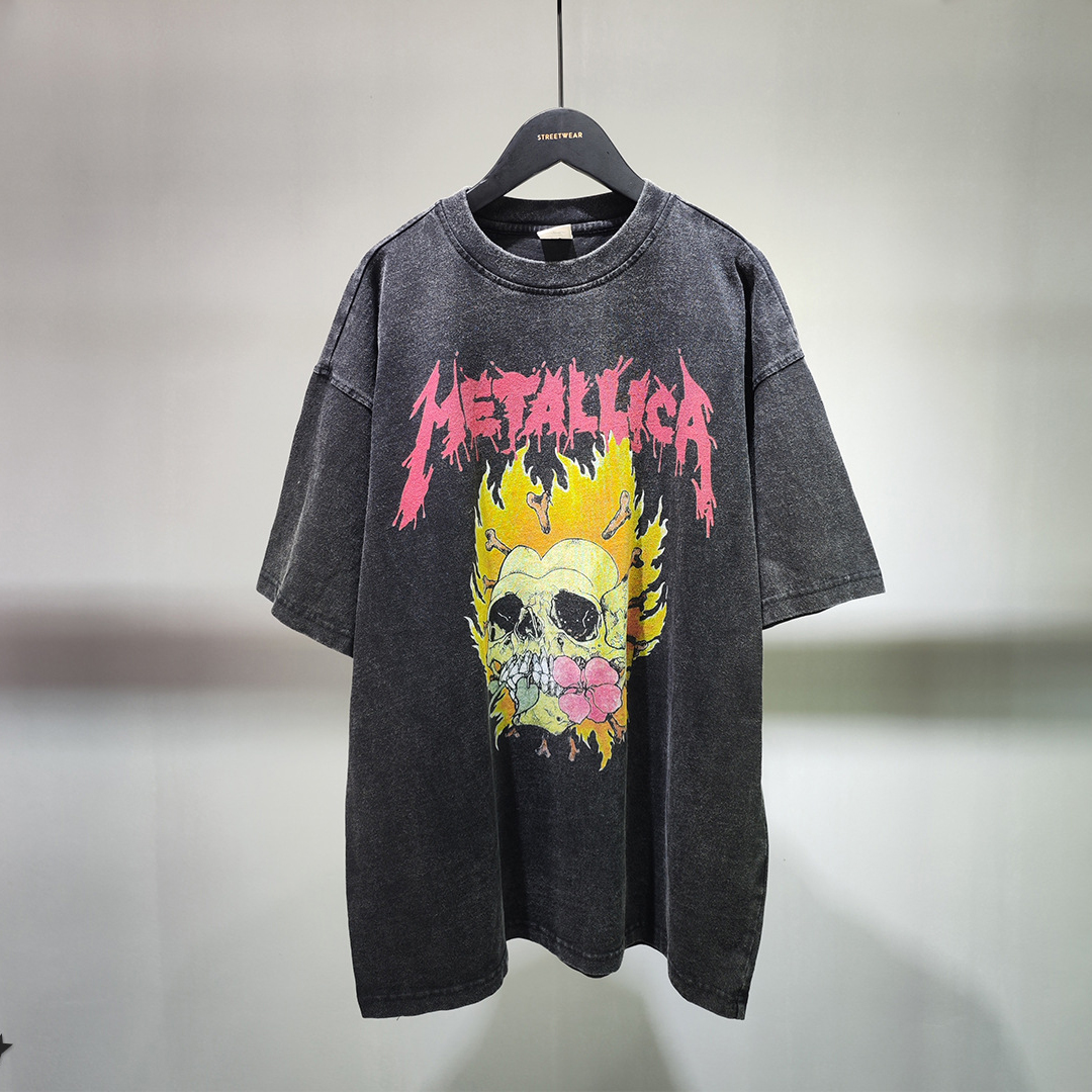 Black Acid Wash Unisex Custom Logo DTG Print Drop Shoulder T-shirt for Vintage Cotton