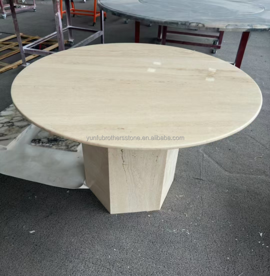 Polished Beige Round Travertine Dining Table Modern Stone Furniture for Living Room