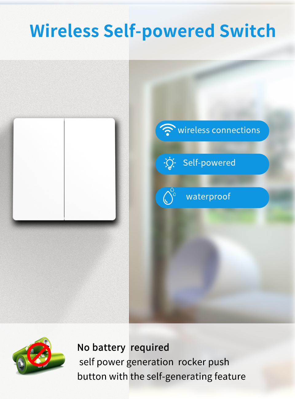 16A 433Mhz Wireless Kinetic Energy Switch 2 Way Push Button Waterproof Light Switch