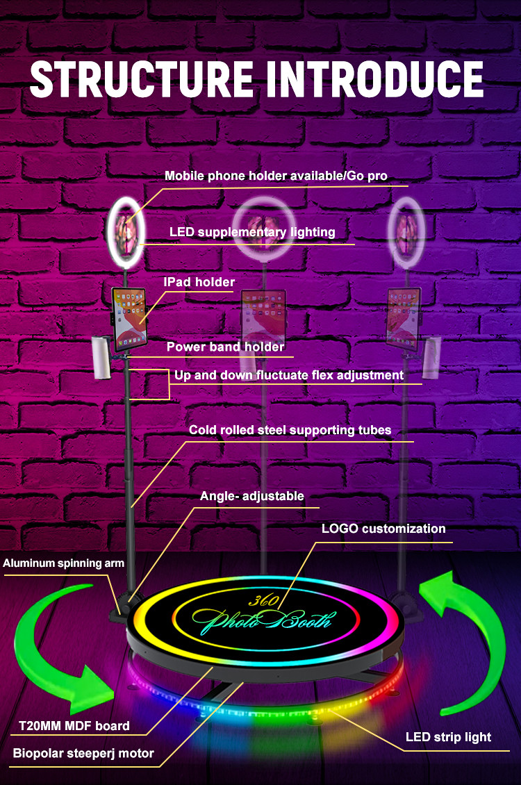 4 People 360 Picture Booth 100cm 115cm 360 Camera Photo Booth Colored Strip Light
