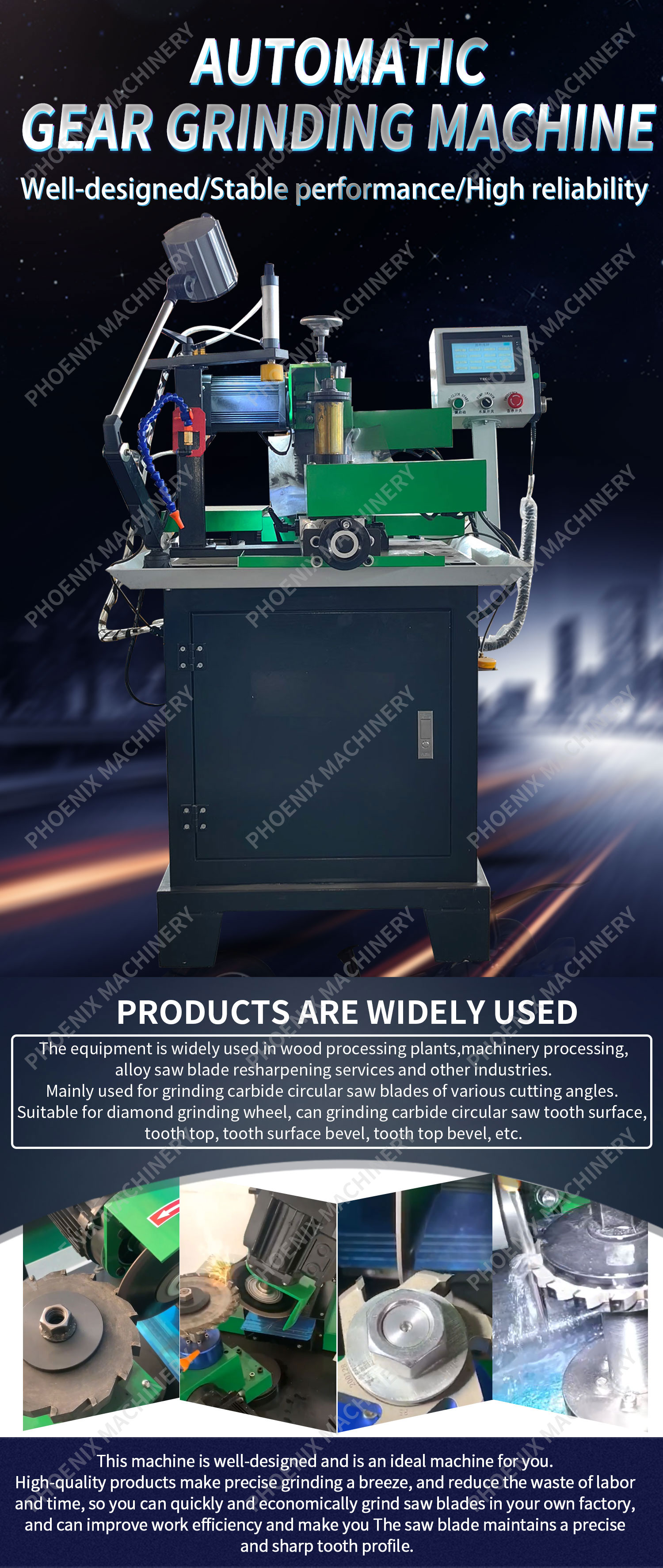 Woodworking Saw Blade Grinding Machine with Automatic Swing Head and High Speed Gear