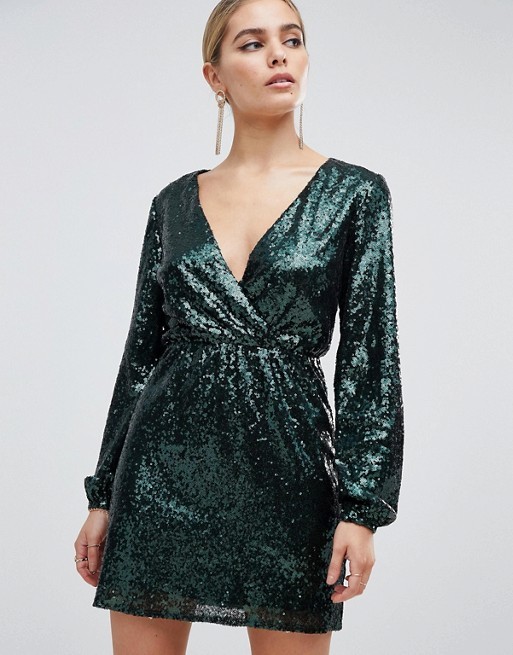 OEM sequin wrap front long sleeve green skater dress