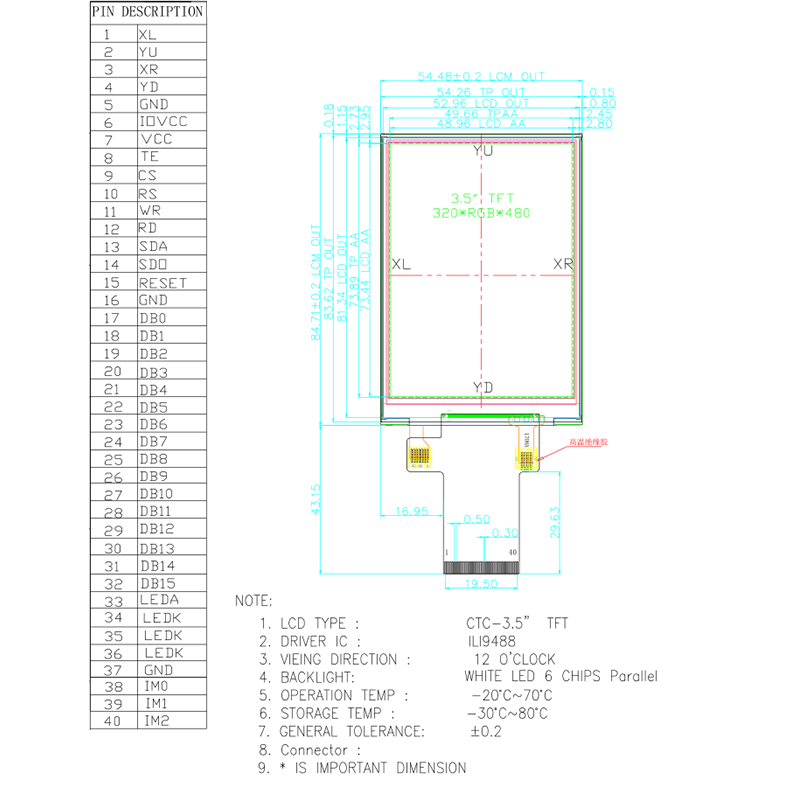 Capacitive 3.5 Inch Tft Color Display Screen Module 40P TFT LCD Screen MCU
