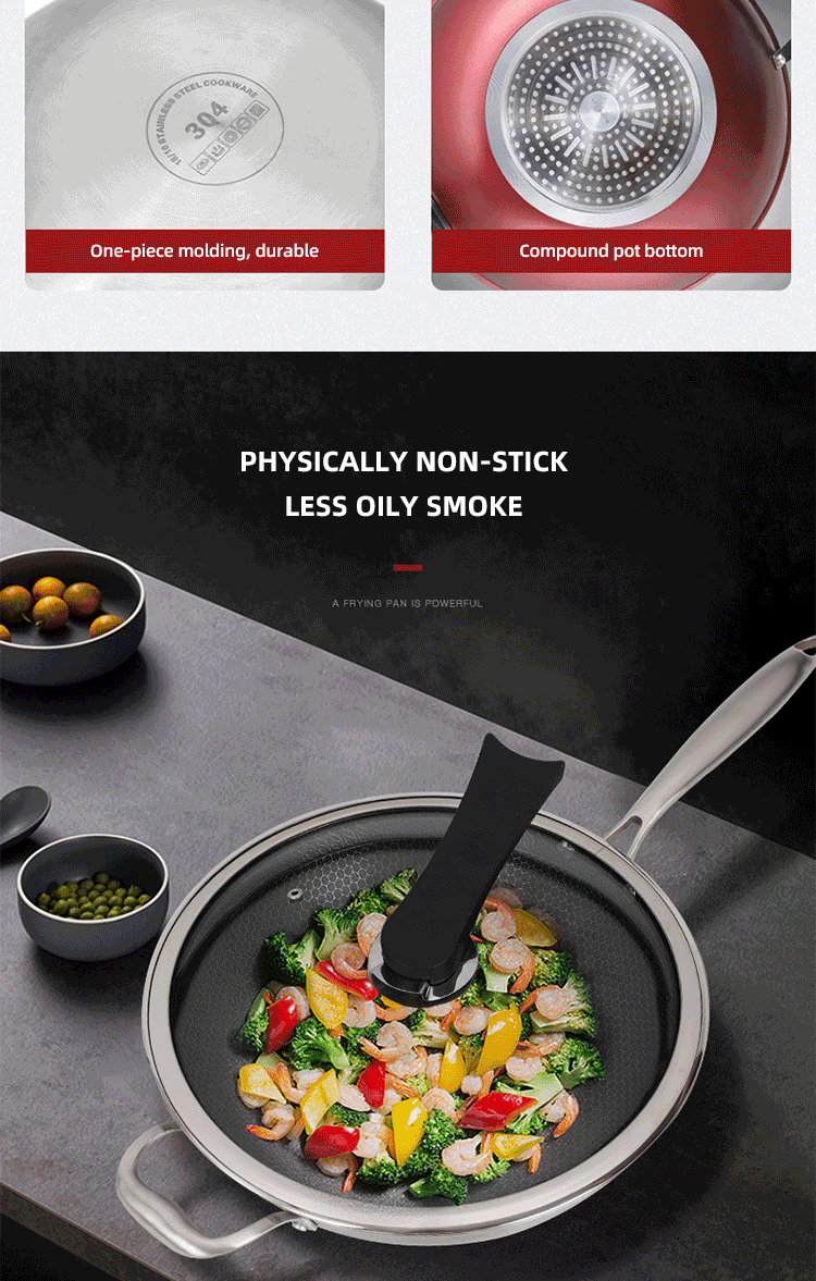 Factory Wholesale PFOA Free Non Stick Works 18/8 Stainless Steel Wok Pan with Glass Cover