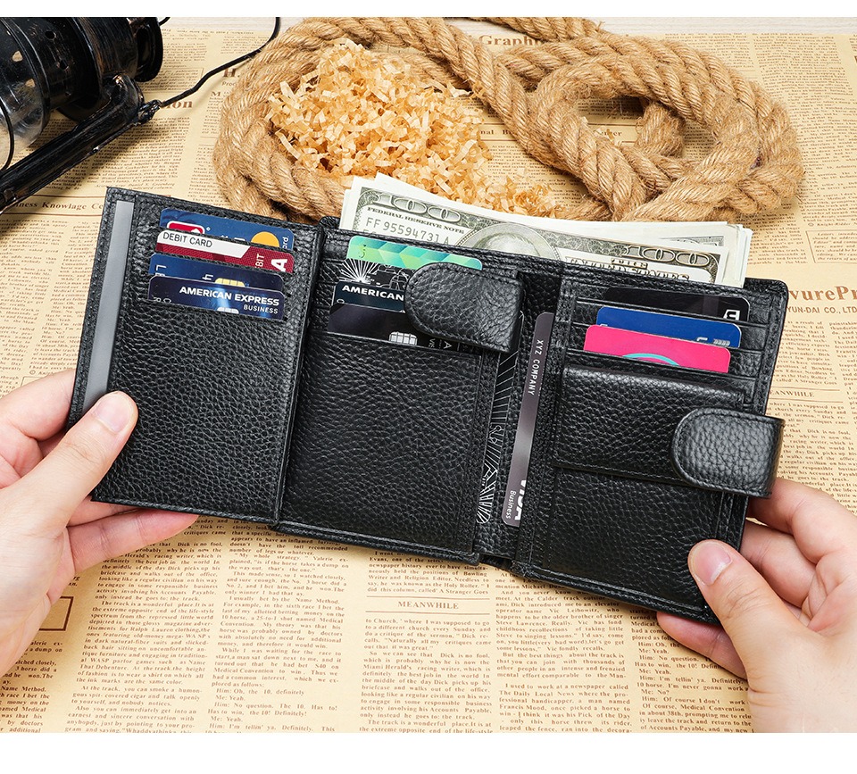 Men's Daily Life Genuine Leather Bifold Wallet with 13 Credit Card Holders and 3 ID Windows Package Weight 0.12kg