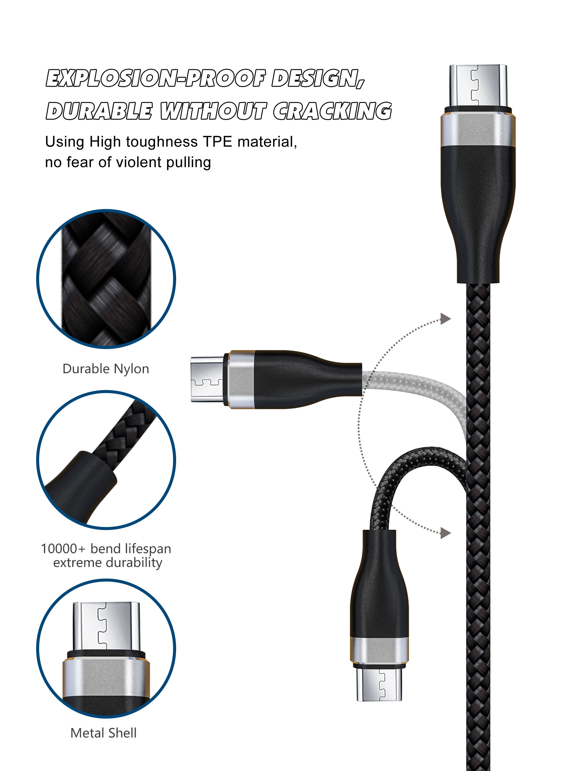 Nylon 3.3FT Black 480Mbps Micro Data USB Cable For Mobile Phone