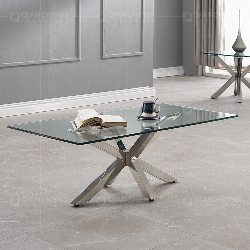 Clear Glass Top 0.11cbm SS Coffee Table For Living Room With Brushed Chrome Base
