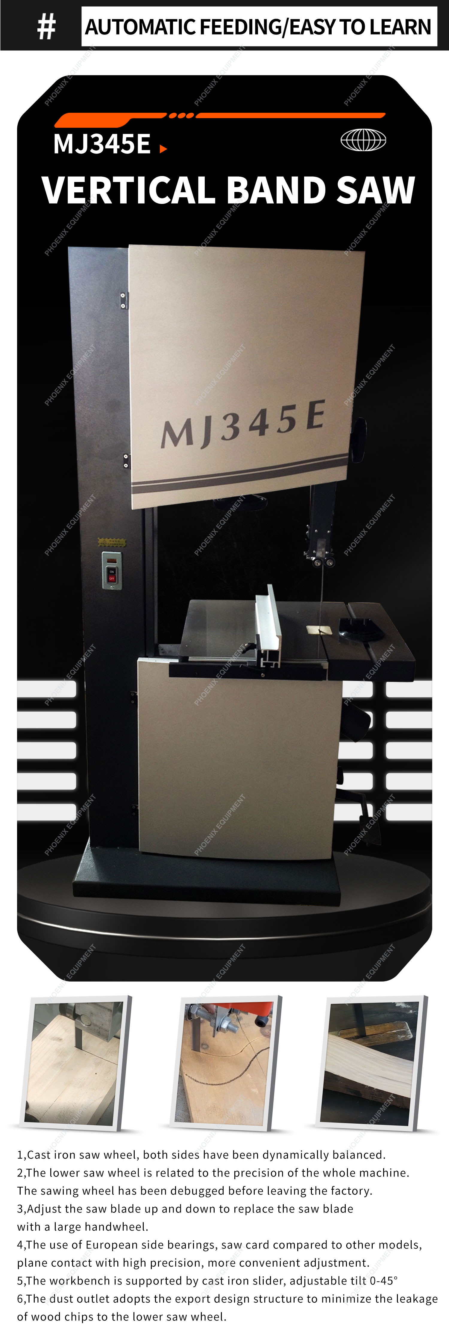 280 KG Weight VERTICALLY Style Manual Vertical Bandsaw MJ345E Can Tilt 0-45 Degrees