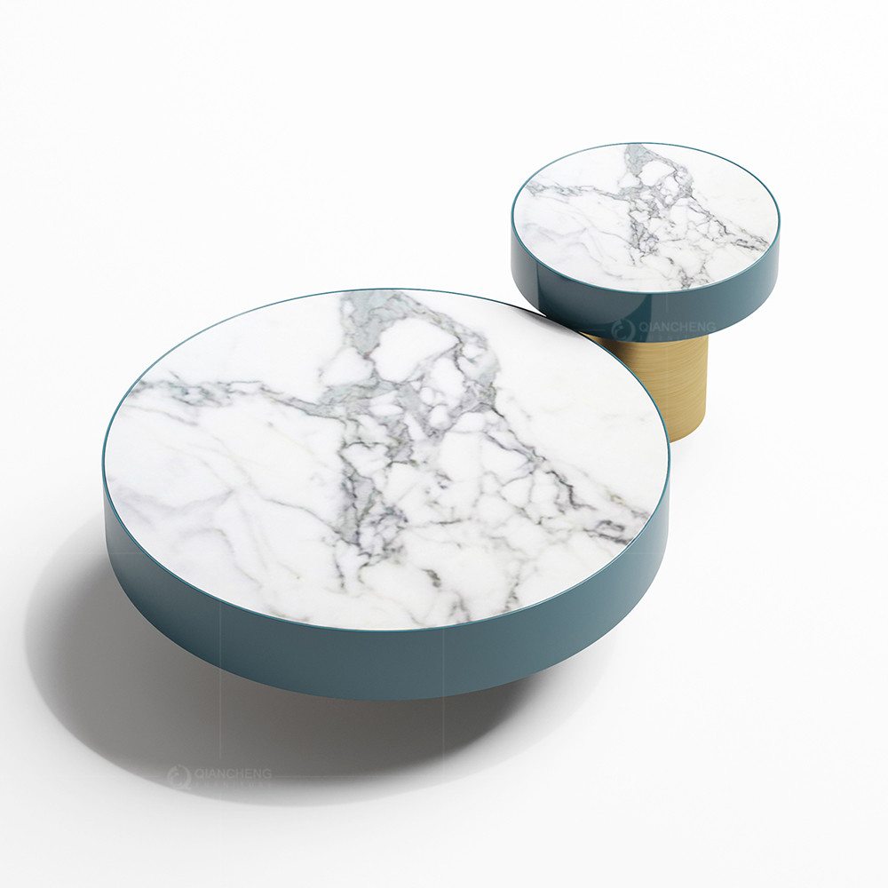 Elegant SS Steel Furniture Marble Coffee Table Set With Brushed Leg