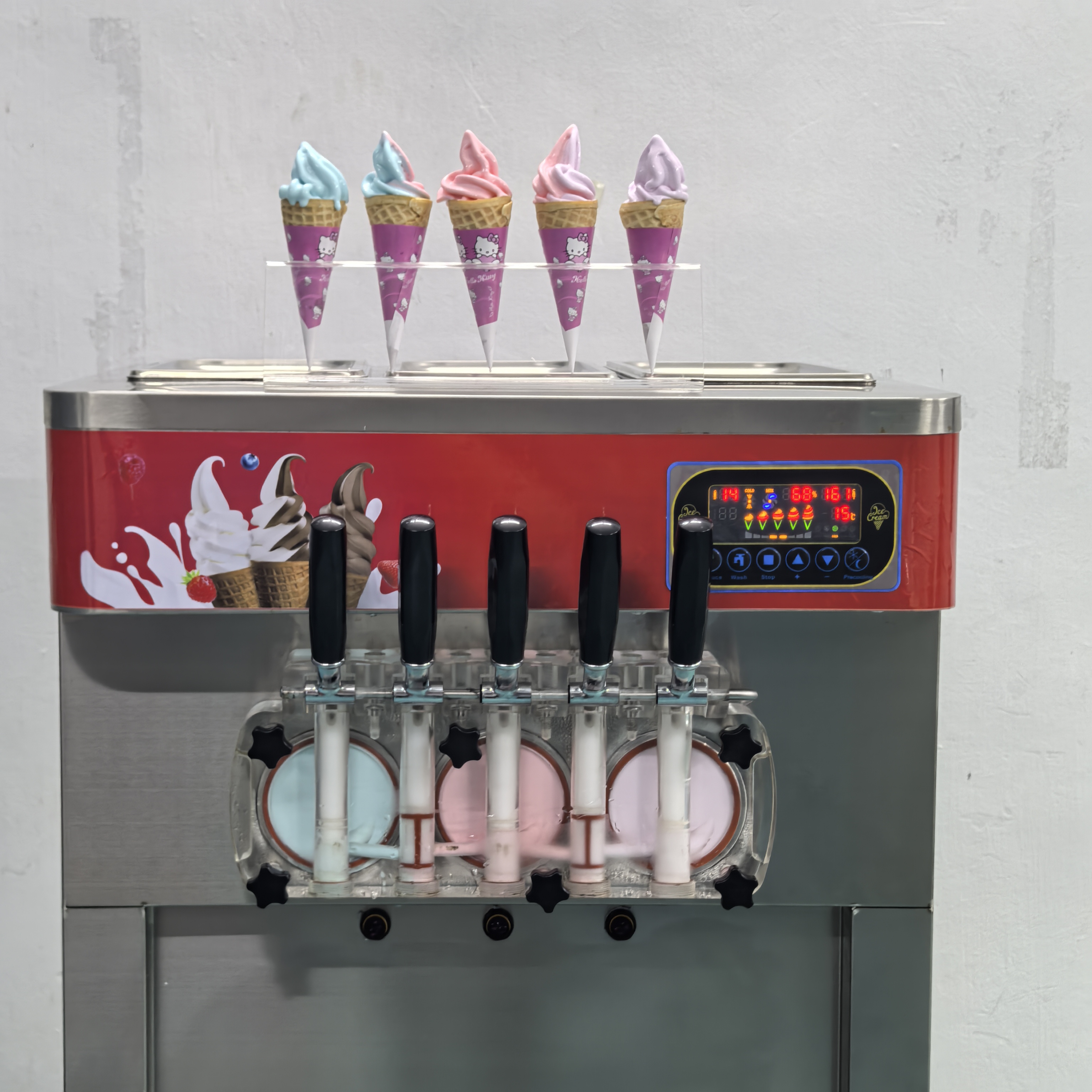 High Capacity Soft Serve Icecream Machine 5 Flavors Automatic Ice Cream Maker for Business Material Cylinder Capacity 7LX3 1.8LX3