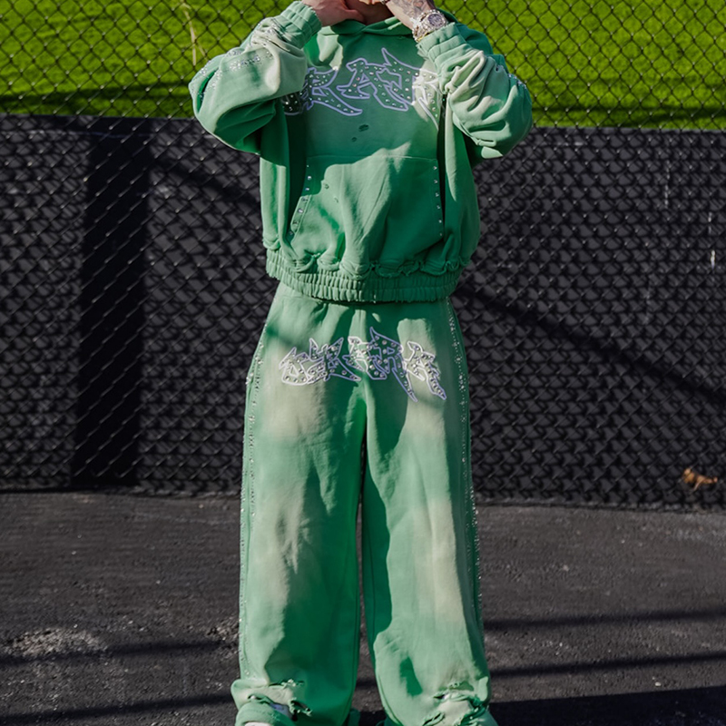 Rhinestone Embroidered Patch Distress Sweat Suit Acid Wash Vintage logo Baggy Tracksuit Manufacturer Custom