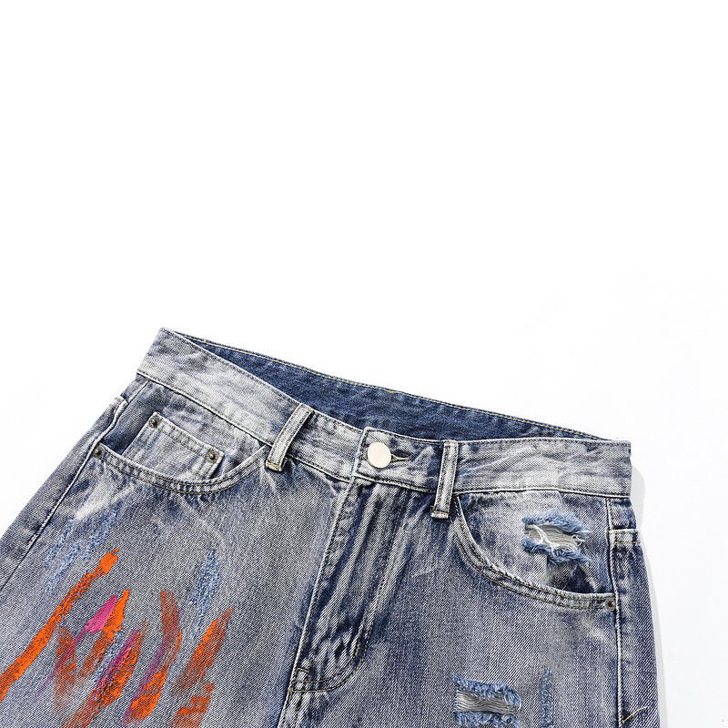 OEM Washed Blue Ripped Jeans Unisex Split Pants With Graffiti Denim Manafacturer