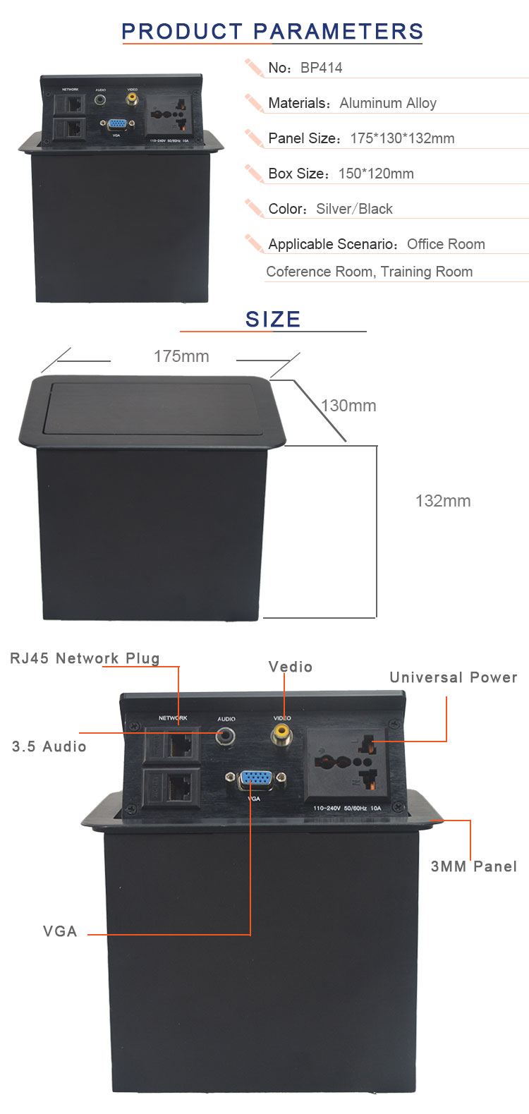 Aluminum universal multimedia hydraulic tabletop power socket box