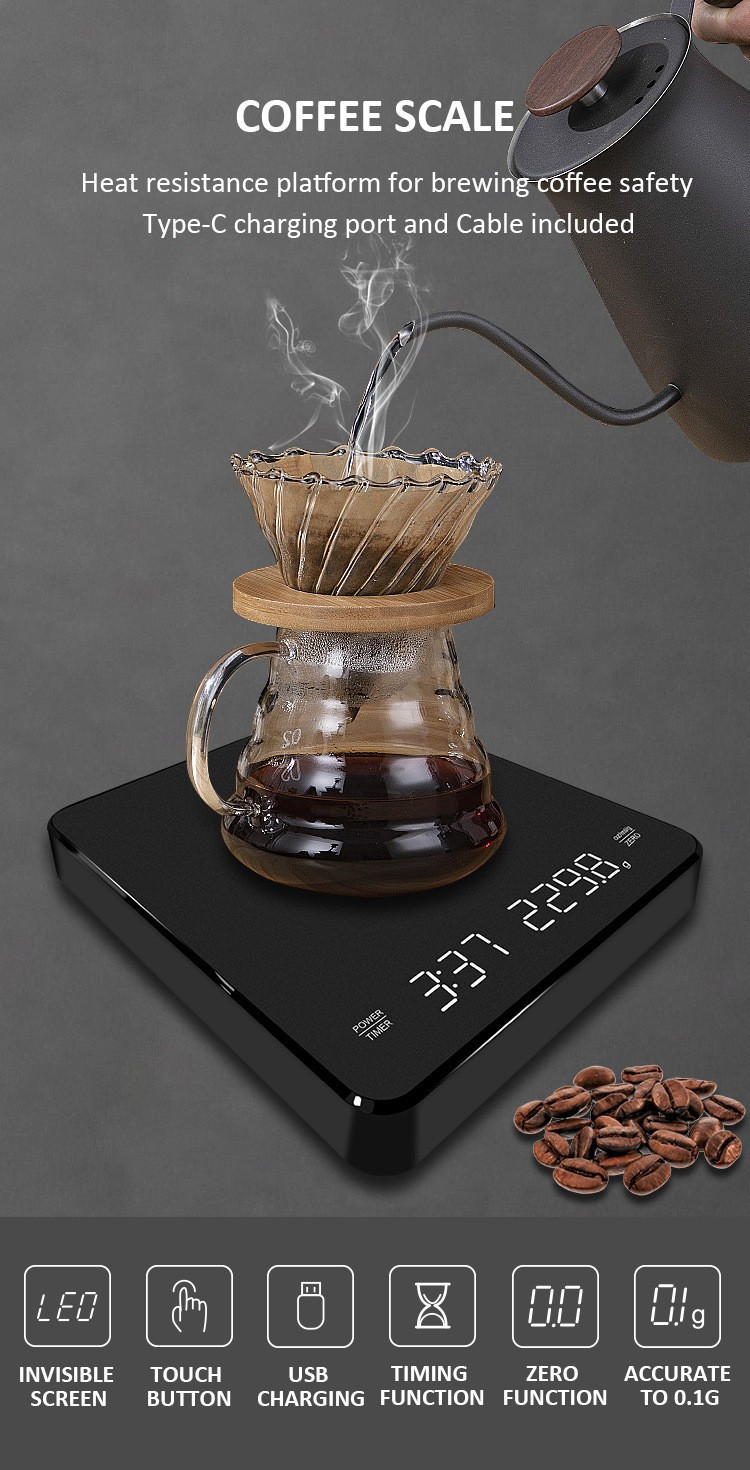 LED Display Kitchen Scale with Touch Screen Timer Function and Customized OEM Product weight 298g Digital Coffee Scale
