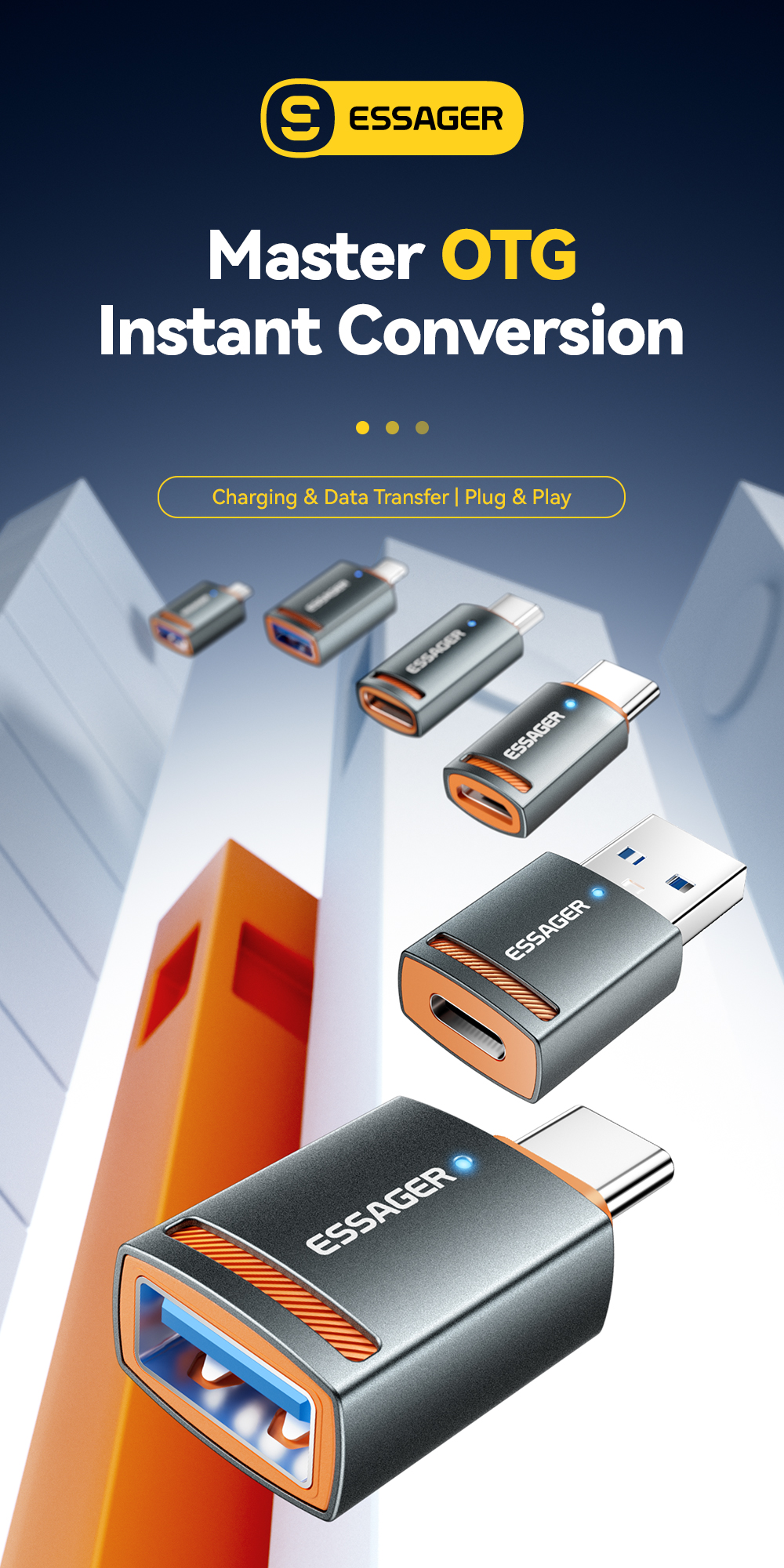 Plug In Micro USB OTG Adapter USB A C Lightning OTG Connector ESSAGER ES-OTG17 Series