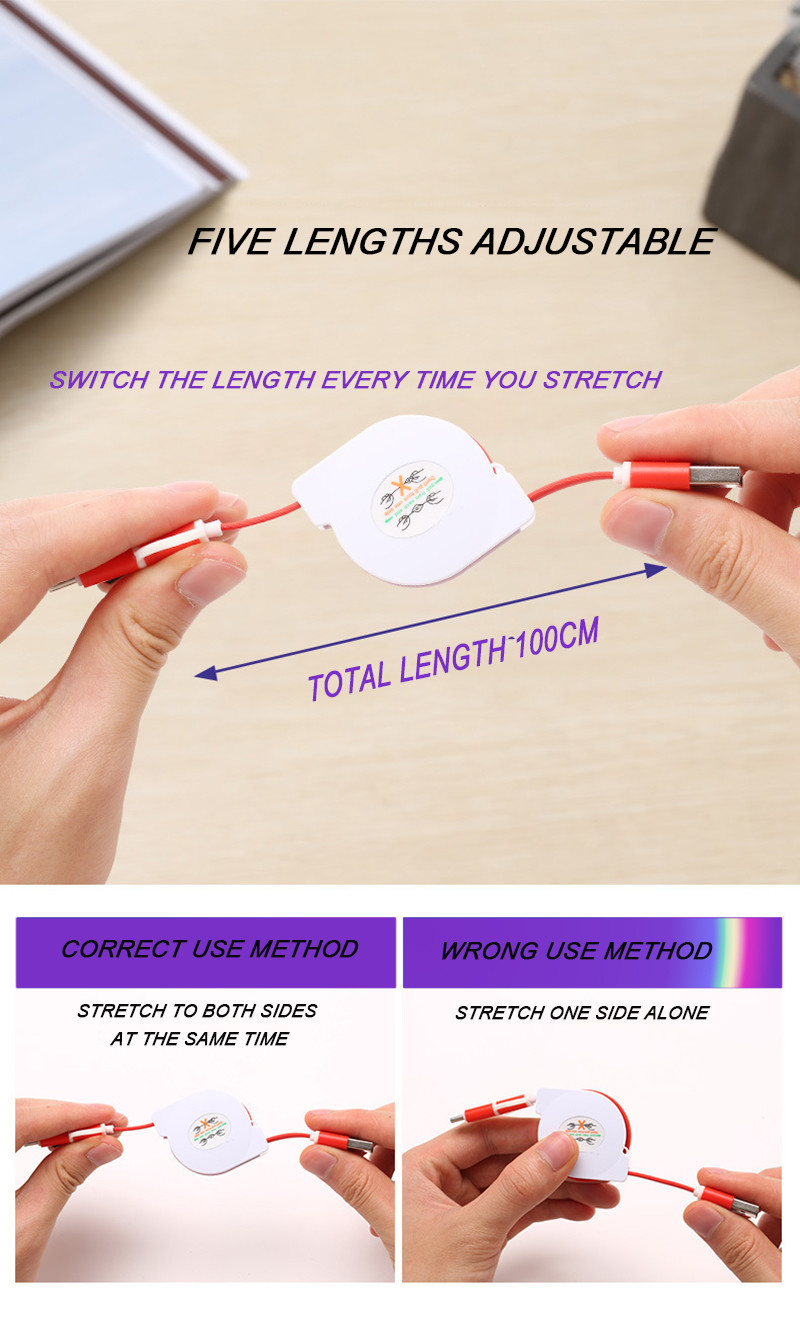 Extendable USB 2.0 1.1m Data Chargeing Cable For Iphone 13 Xiaomi 11