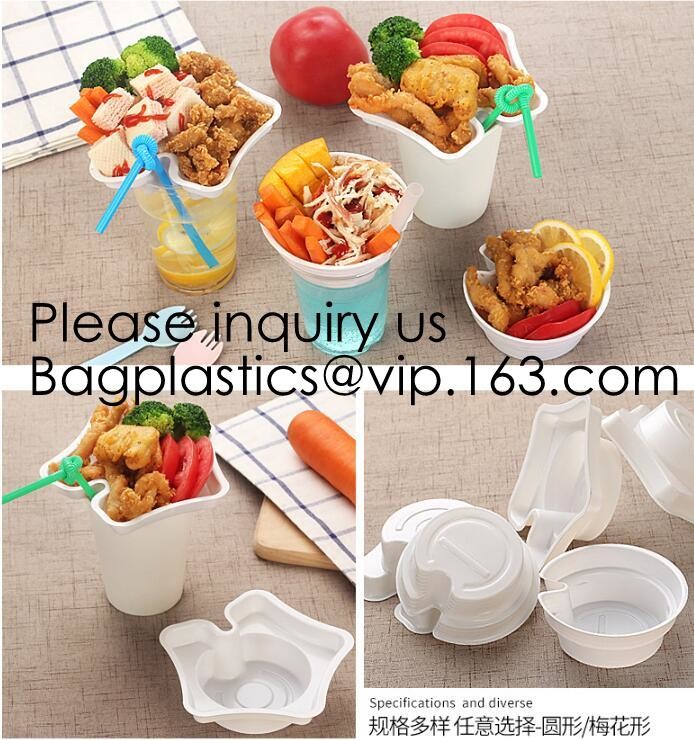 Flower Shaped 330ml PP Plastic Snack Plate With Cup Holder,Disposable PS Plastic Cup Top Snack Tray,Snack Cup With Straw