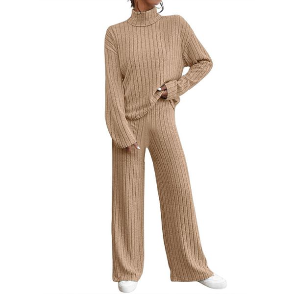 2024 Autumn and Winter Casual High Neck Knitted Long sleeved Sweater Set Women's Loose Pants Two Piece Set