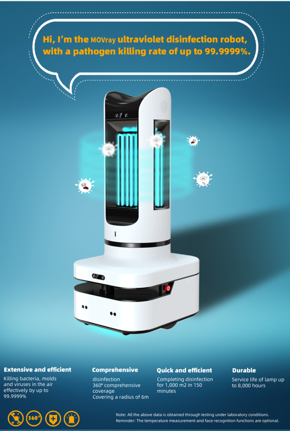 200W Polyurethane Ultraviolet Medical Robotics Usb Disinfection Robot 250r/Min