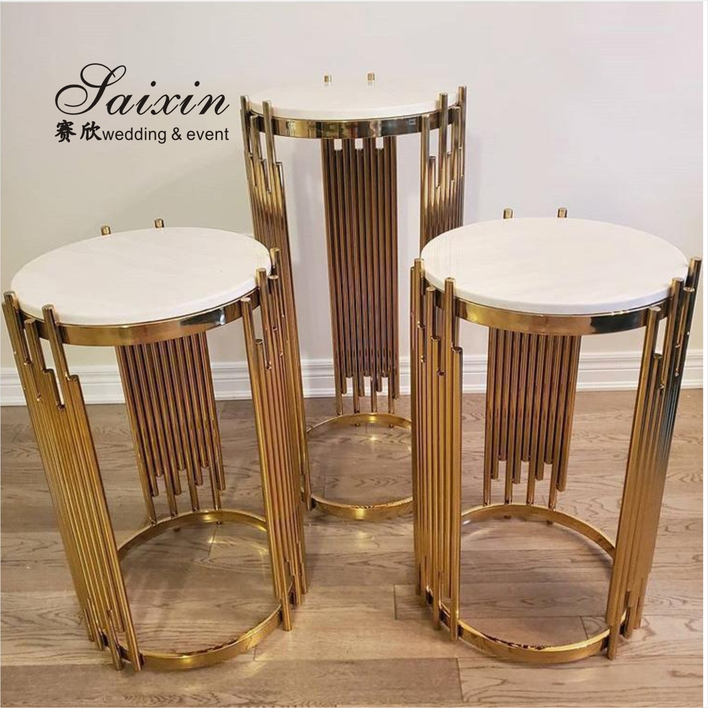 Unique new wedding furniture white acrylic stand with gold design white background wedding hall decoratios