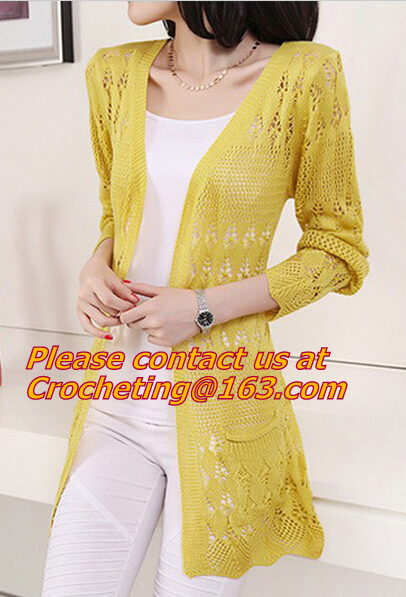 Fashion Knitted Cardigan Loose Pocket Hollow Long Sleeve Women Sweater Female